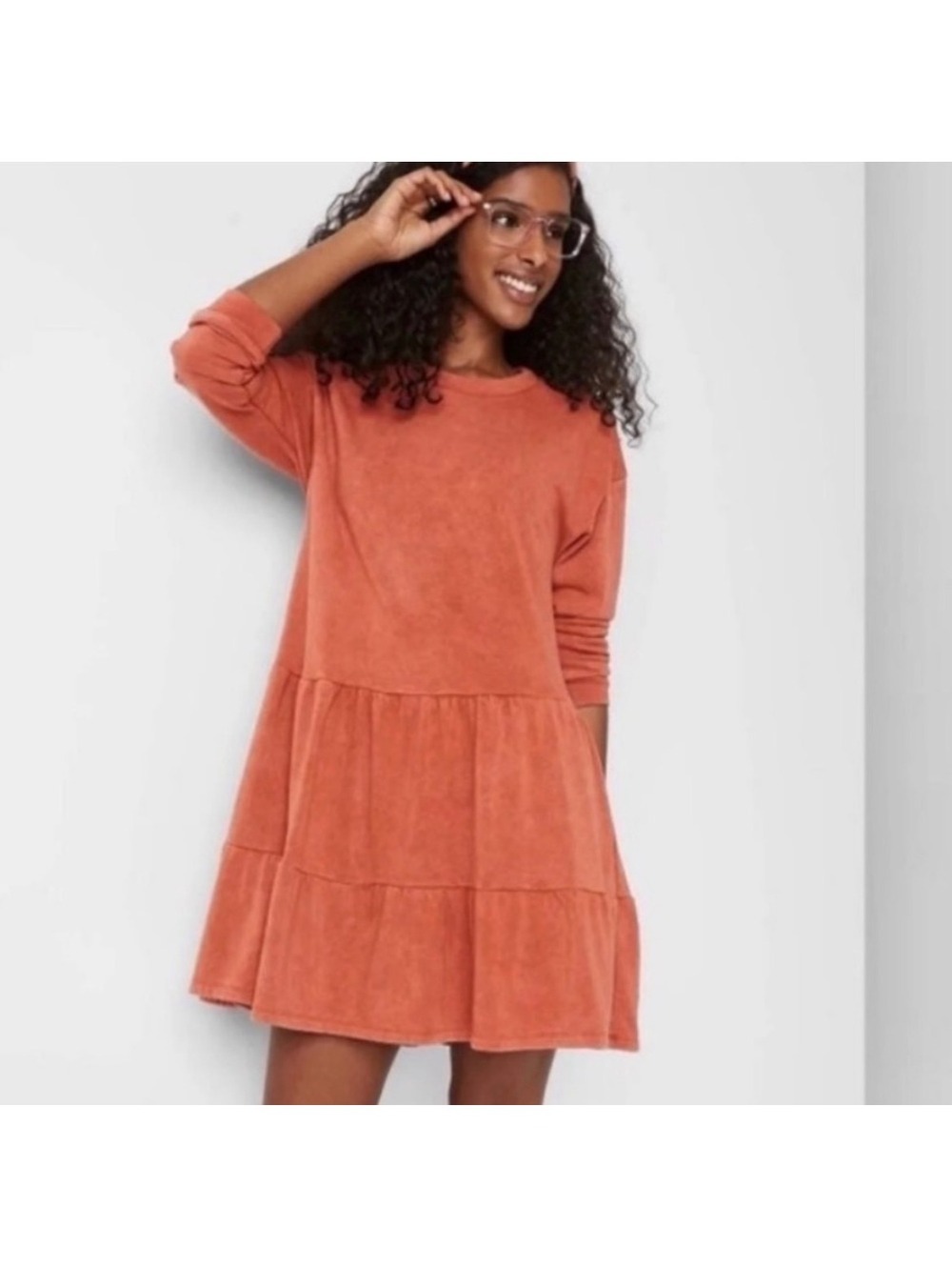 Wild Fable Rust Terracotta Mineral Wash Tiered Sweatshirt Mini Dress Small S